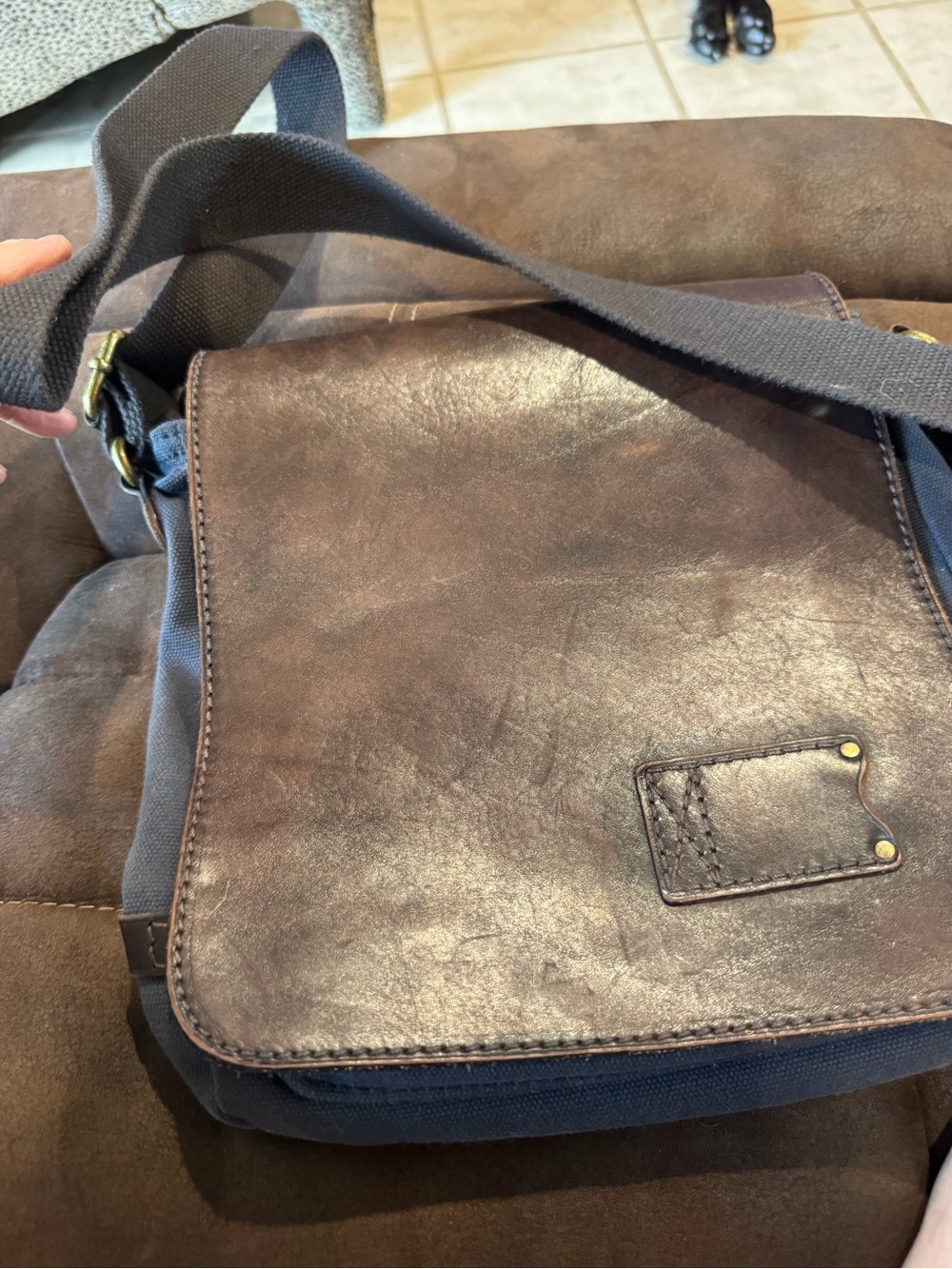 Unisex Brown Leather and blue canvas Messenger Bag - patricia nash